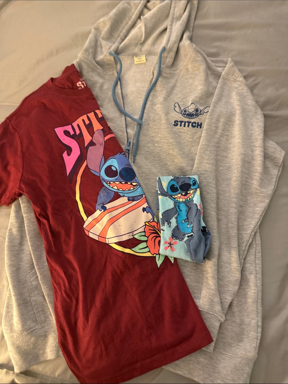 Disney Red Stitch Graphic Tee with Gray Hooded Sweatshirt & Blue Socks